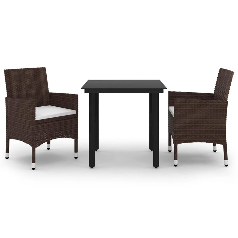 vidaXL 3 Piece Patio Dining Set with Cushions Poly Rattan and Glass, 3099673. Picture 2
