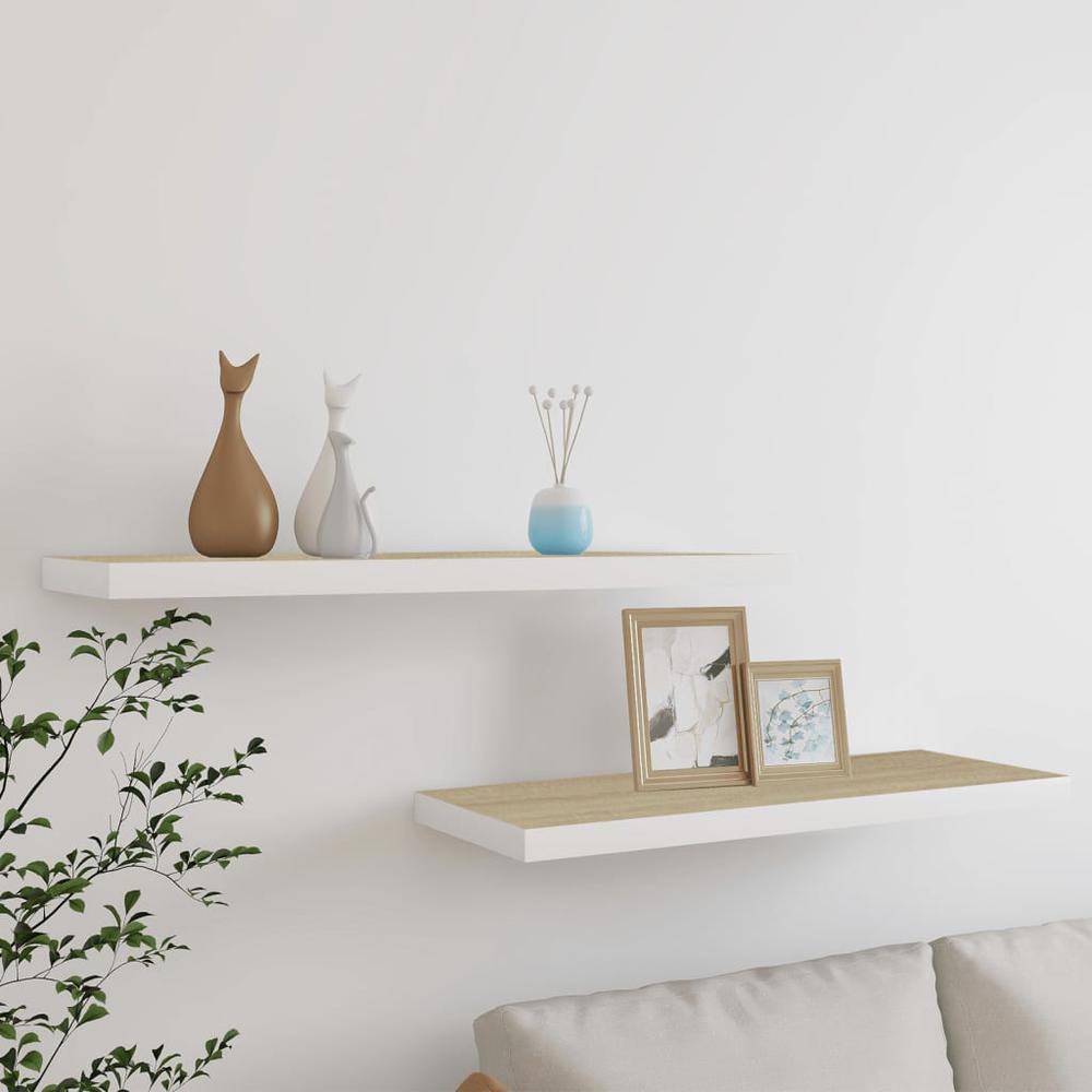 vidaXL Floating Wall Shelves 2 pcs Oak and White 31.5"x9.3"x1.5" MDF. Picture 1