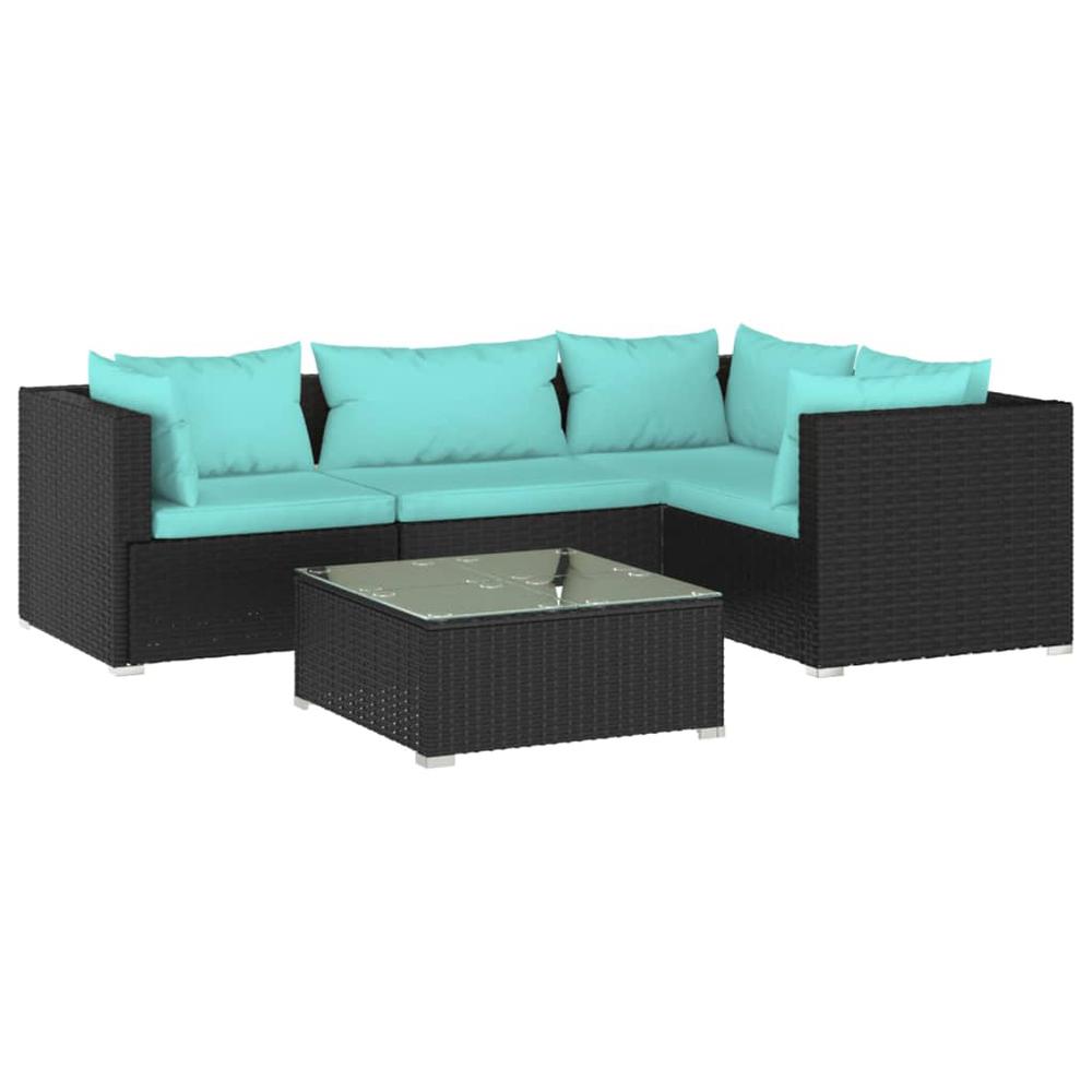 vidaXL 5 Piece Patio Lounge Set with Cushions Poly Rattan Black, 3101681. Picture 2