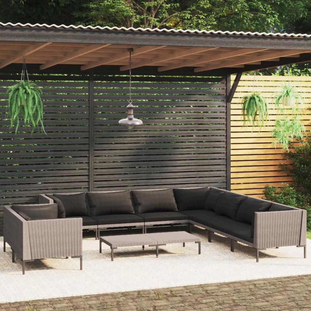 vidaXL 10 Piece Patio Lounge Set with Cushions Poly Rattan Dark Gray, 3099897. Picture 1