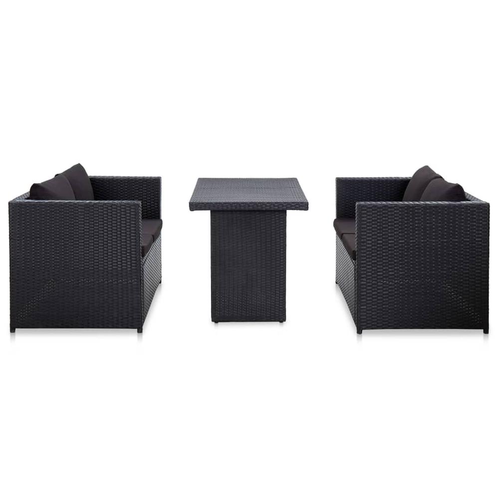 vidaXL 3 Piece Patio Lounge Set with Cushions Poly Rattan Black, 316008. Picture 2