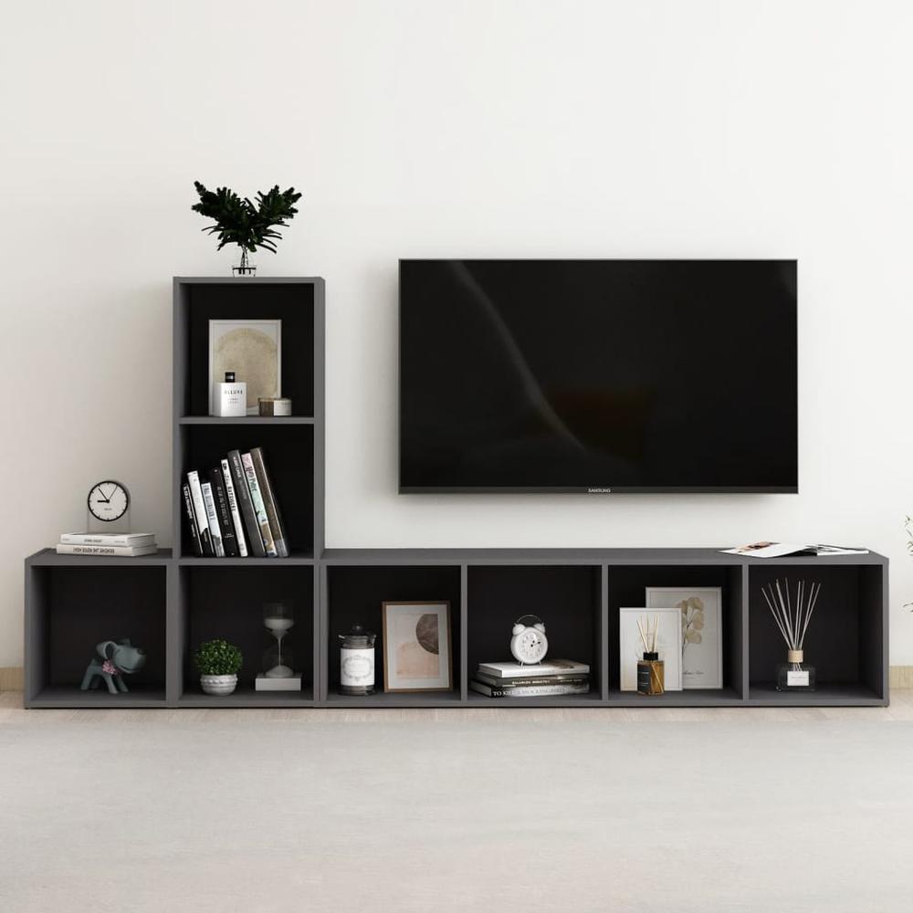 vidaXL 3 Piece TV Cabinet Set Gray Engineered Wood, 3080026. Picture 1