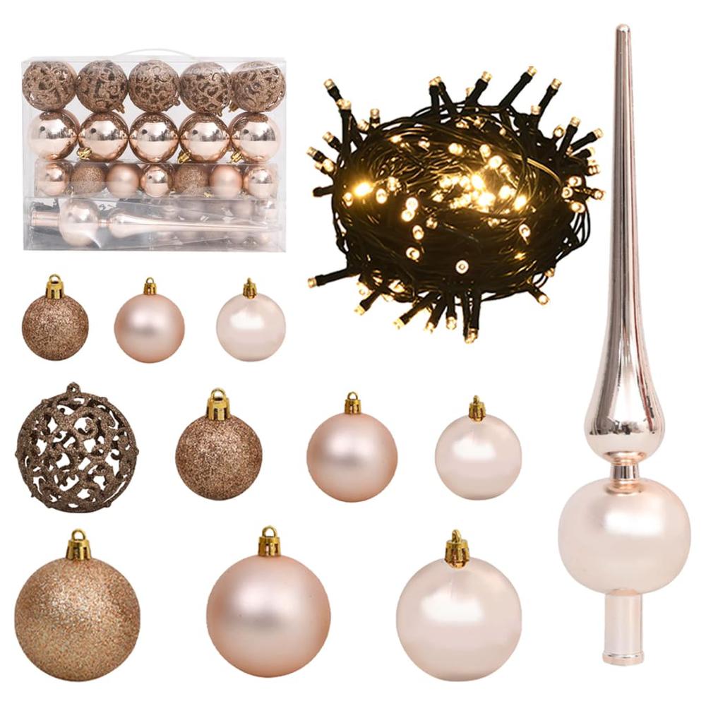 vidaXL 61 Piece Christmas Ball Set with Peak and 150 LEDs Rose Gold. Picture 1