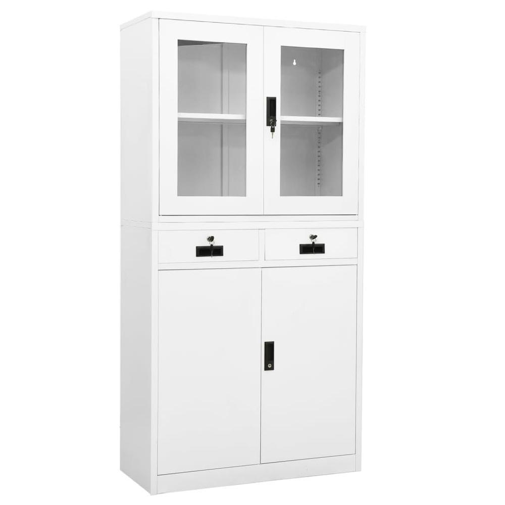 vidaXL Office Cabinet White 35.4"x15.7"x70.9" Steel and Tempered Glass, 336421. Picture 1