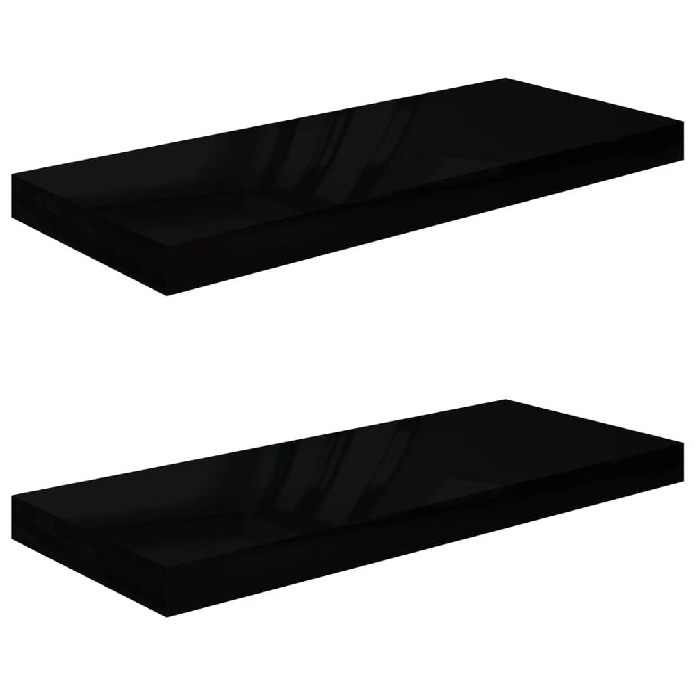vidaXL Floating Wall Shelves 2 pcs High Gloss Black 23.6"x9.3"x1.5" MDF. Picture 2