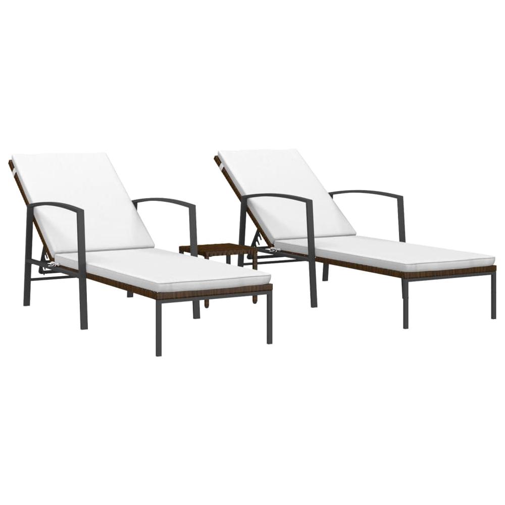 vidaXL Sun Loungers 2 pcs with Table Poly Rattan Brown. Picture 2