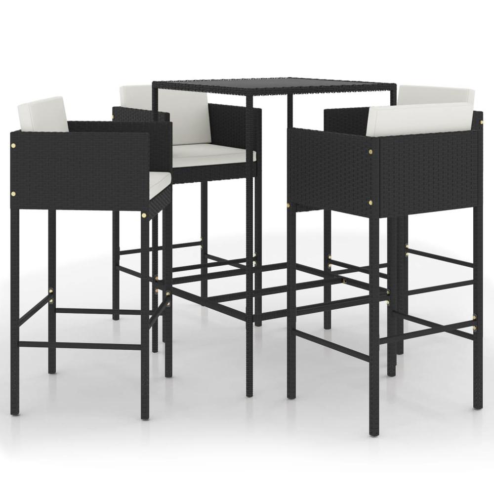 vidaXL 5 Piece Patio Bar Set with Cushions Poly Rattan Black, 3094790. Picture 2