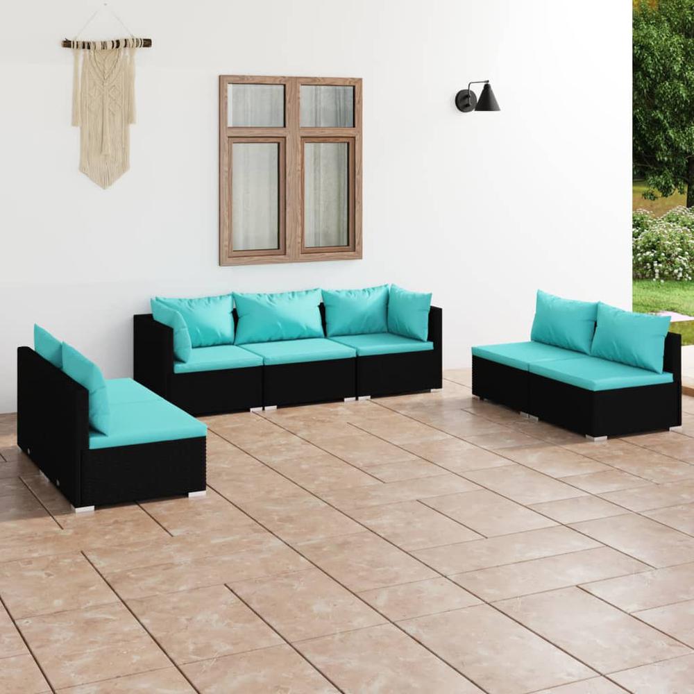 vidaXL 7 Piece Patio Lounge Set with Cushions Poly Rattan Black, 3102233. Picture 1