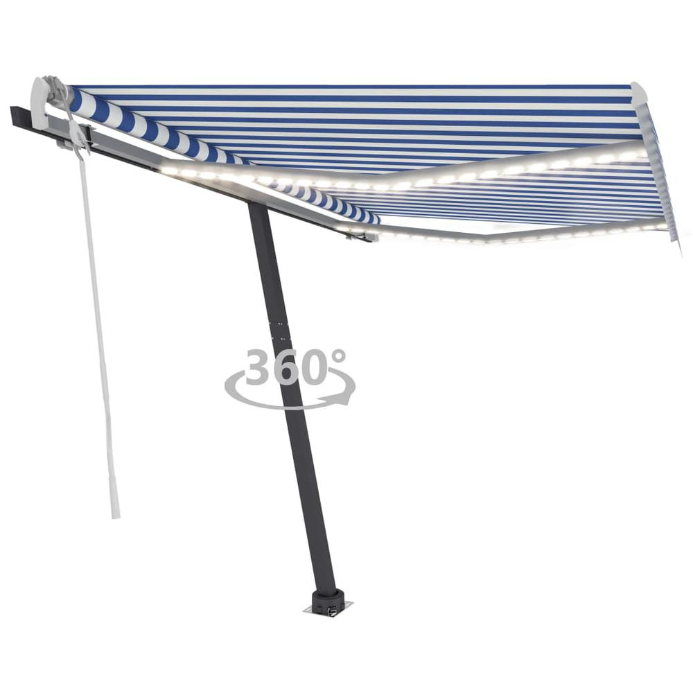 vidaXL Manual Retractable Awning with LED 118.1"x98.4" Blue and White. Picture 1