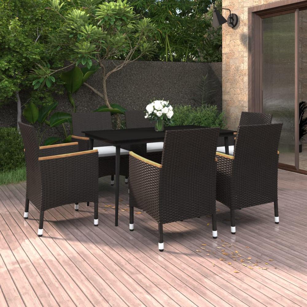 vidaXL 7 Piece Patio Dining Set with Cushions Poly Rattan and Glass, 3099784. Picture 1