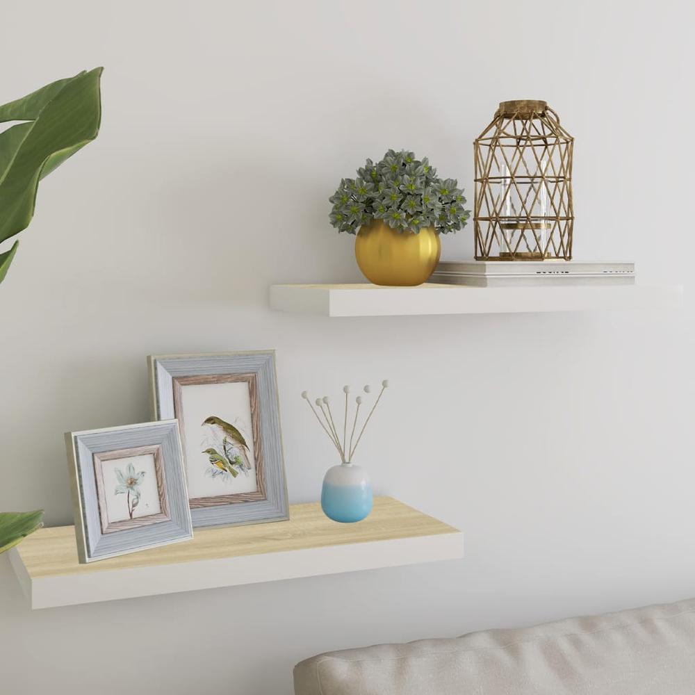 vidaXL Floating Wall Shelves 2 pcs Oak and White 23.6"x9.3"x1.5" MDF. Picture 1