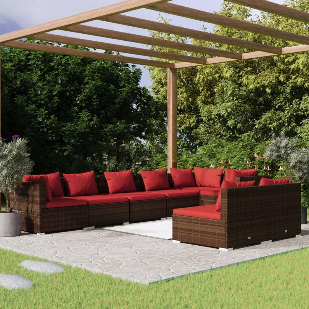 vidaXL 8 Piece Patio Lounge Set with Cushions Brown Poly Rattan, 3102403. Picture 1
