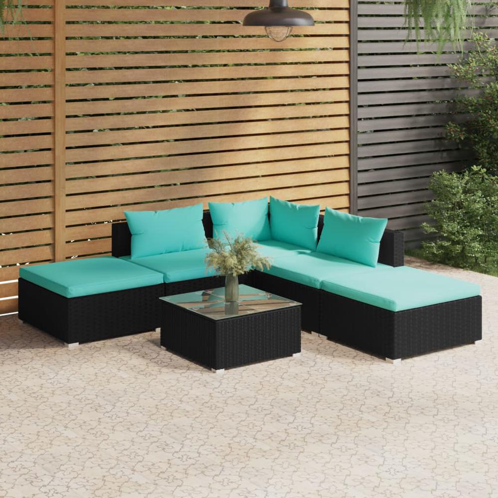 vidaXL 6 Piece Patio Lounge Set with Cushions Poly Rattan Black, 3101601. Picture 1