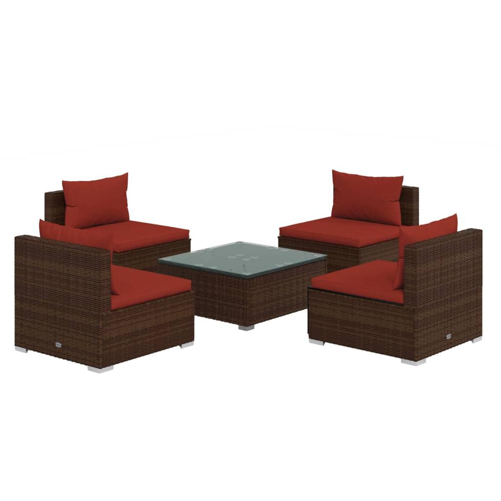vidaXL 5 Piece Patio Lounge Set with Cushions Poly Rattan Brown, 3101523. Picture 2