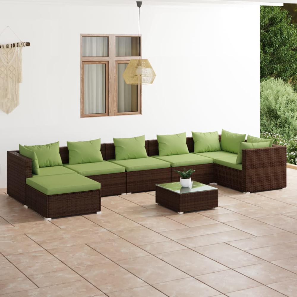 vidaXL 8 Piece Patio Lounge Set with Cushions Poly Rattan Brown, 3101844. Picture 1