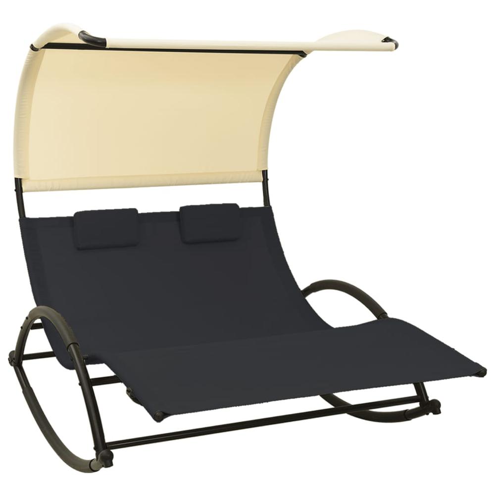 vidaXL Double Sun Lounger with Canopy Textilene Black and Cream. Picture 1