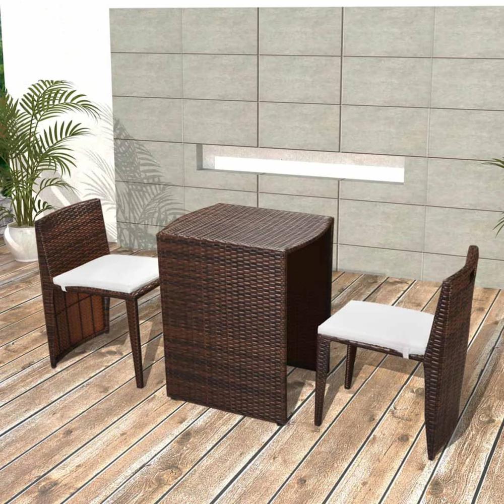 vidaXL 3 Piece Bistro Set with Cushions Poly Rattan Brown. Picture 1