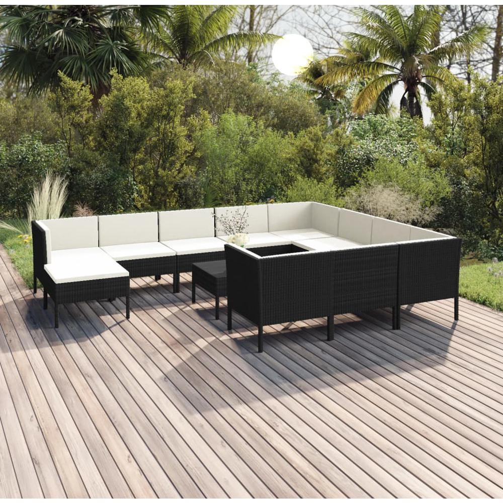 vidaXL 12 Piece Patio Lounge Set with Cushions Poly Rattan Black, 3094512. Picture 1