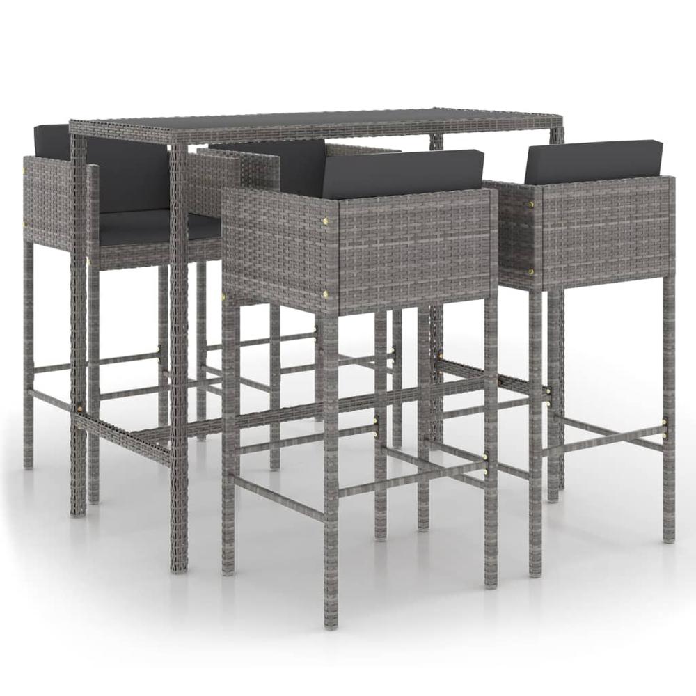 vidaXL 5 Piece Patio Bar Set with Cushions Poly Rattan Gray, 3094794. Picture 2