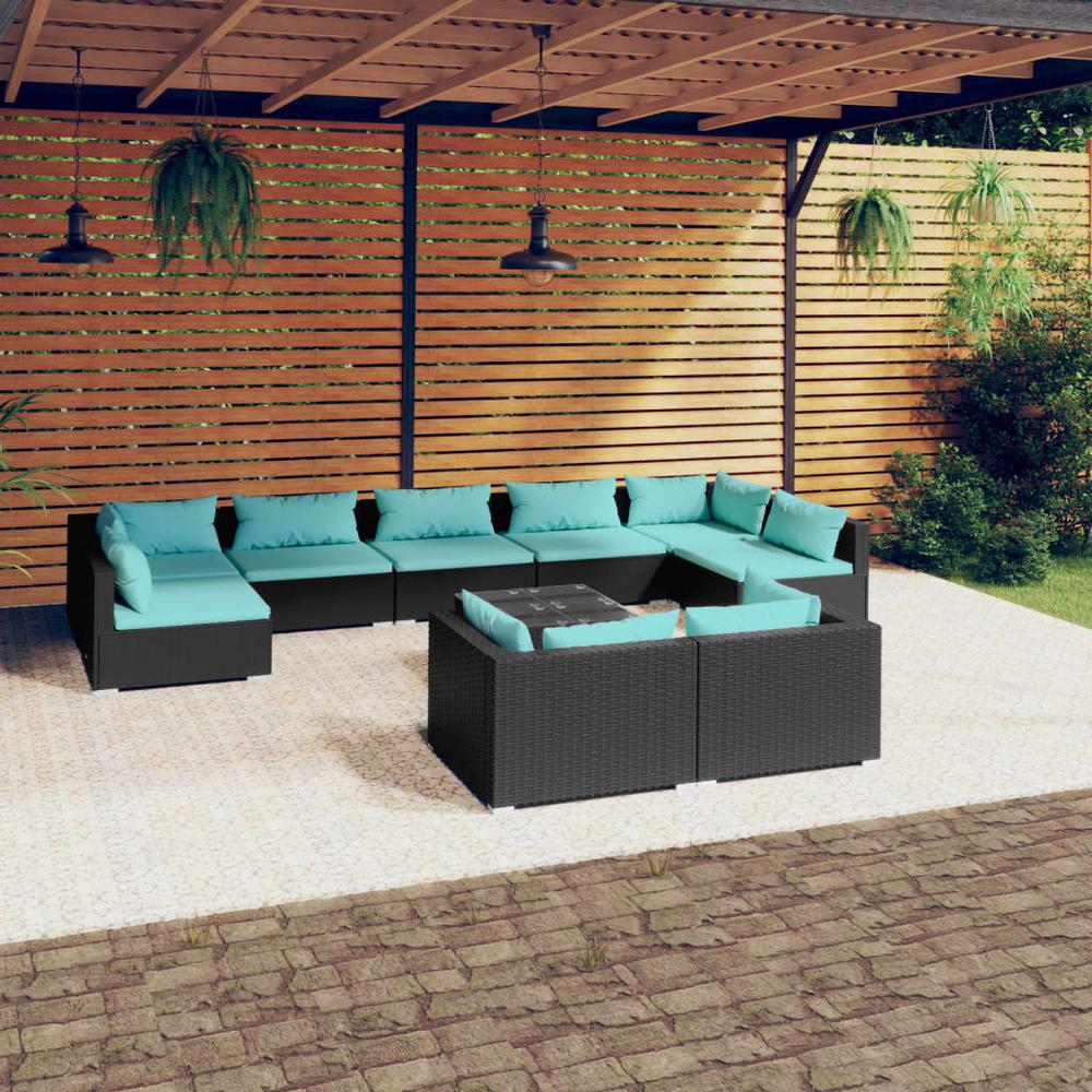 vidaXL 10 Piece Patio Lounge Set with Cushions Black Poly Rattan, 3102065. Picture 1