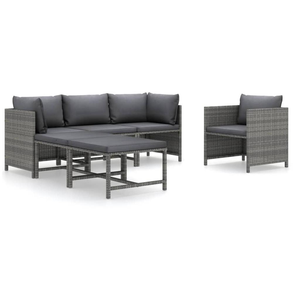 vidaXL 6 Piece Patio Lounge Set with Cushions Poly Rattan Gray, 3059756. Picture 2