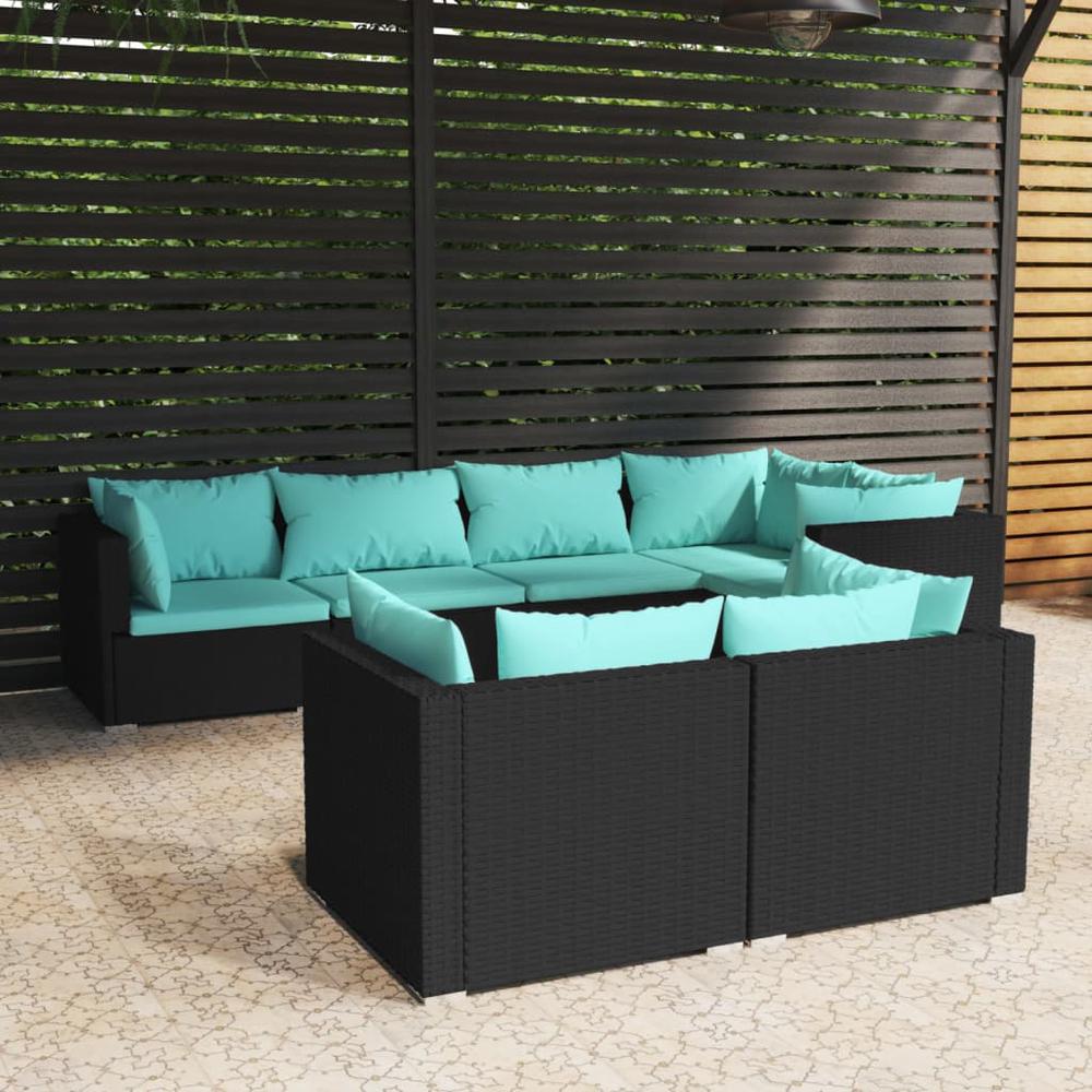 vidaXL 7 Piece Patio Lounge Set with Cushions Black Poly Rattan, 3102473. Picture 1