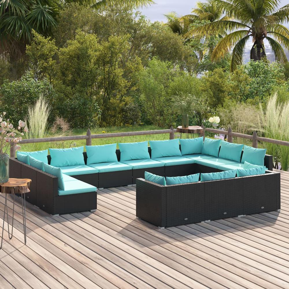 vidaXL 13 Piece Patio Lounge Set with Cushions Black Poly Rattan, 3102105. Picture 1