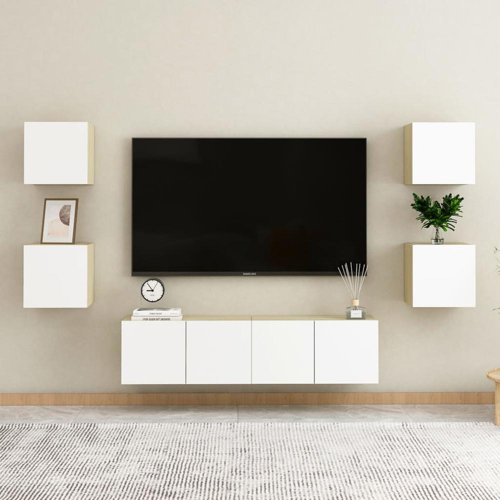 vidaXL Bedside Cabinets 2 pcs White & Sonoma Oak 12"x11.8"x11.8" Engineered Wood. Picture 3