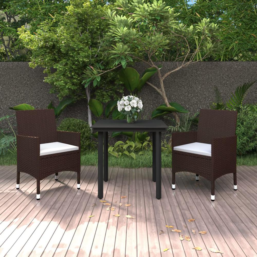vidaXL 3 Piece Patio Dining Set with Cushions Poly Rattan and Glass, 3099673. Picture 1