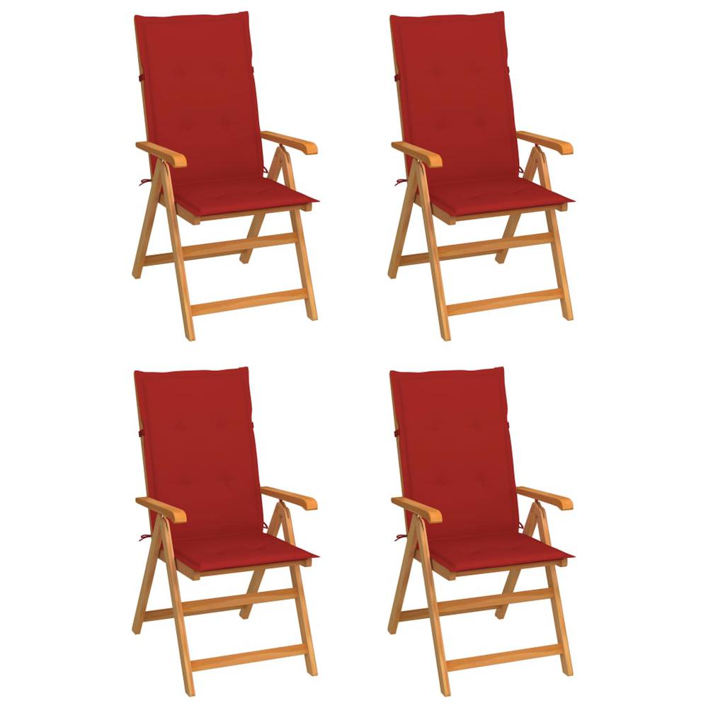 vidaXL Patio Chairs 4 pcs with Red Cushions Solid Teak Wood, 3065536. Picture 1