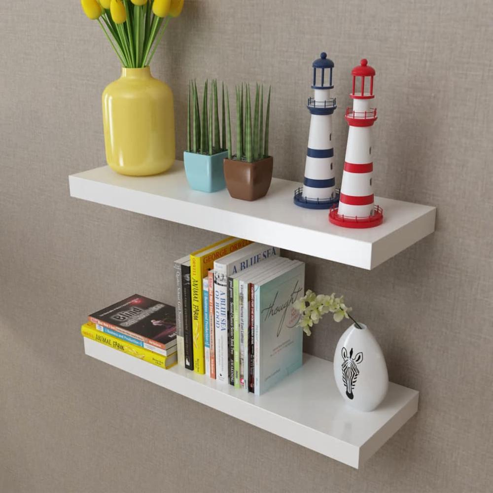 2 White MDF Floating Wall Display Shelves Book/DVD Storage, 242183. Picture 1