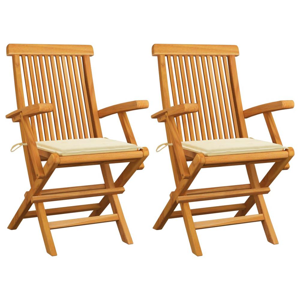 vidaXL Patio Chairs with Cream Cushions 2 pcs Solid Teak Wood. Picture 1