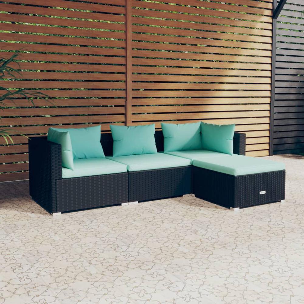 vidaXL 4 Piece Patio Lounge Set with Cushions Poly Rattan Black, 3101641. Picture 1