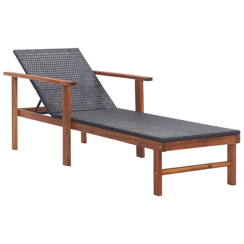 vidaXL Sun Lounger with Cushion Poly Rattan and Solid Acacia Wood Black. Picture 2