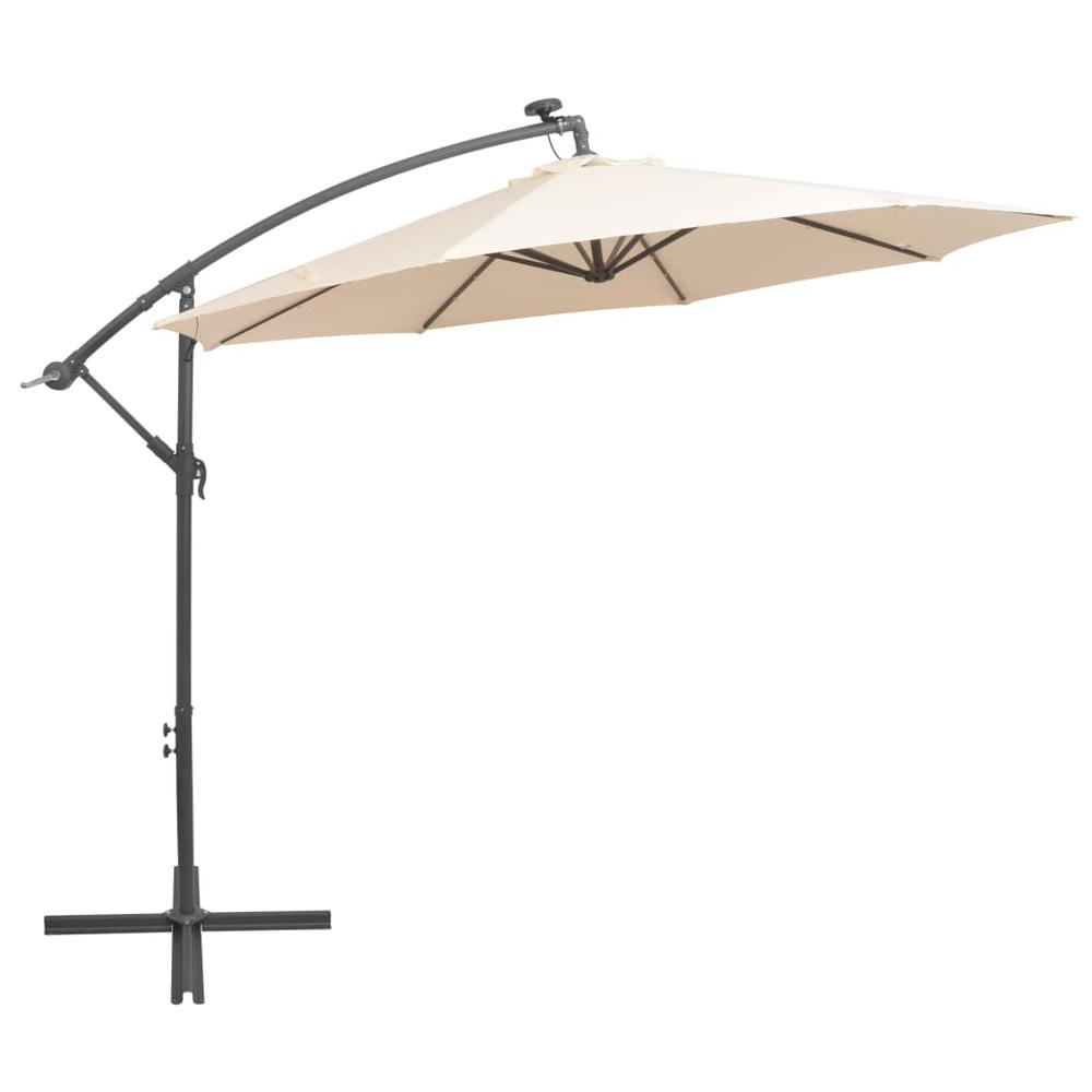 vidaXL Hanging Parasol with LED Lighting 118.1" Sand Metal Pole. Picture 3