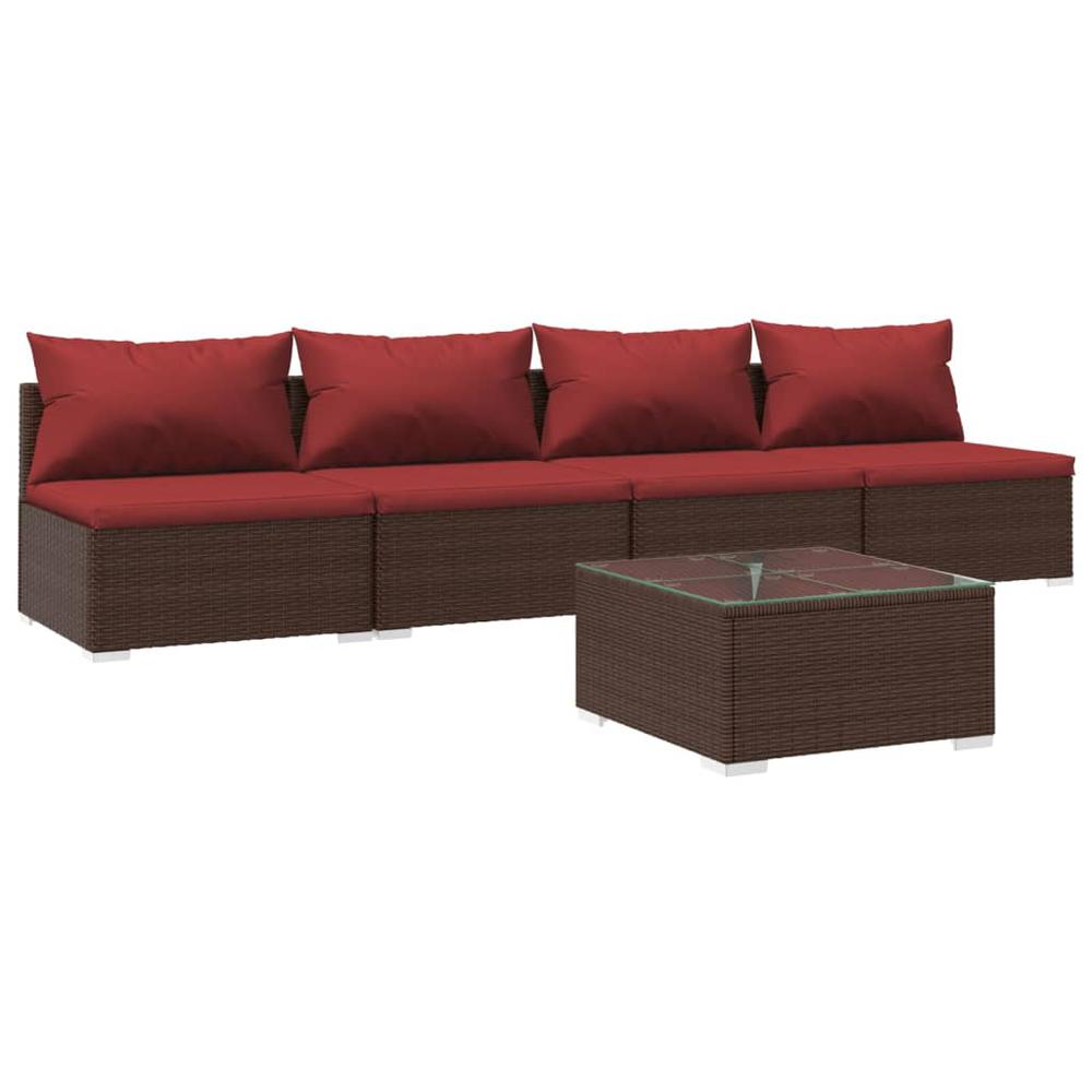 vidaXL 5 Piece Patio Lounge Set with Cushions Poly Rattan Brown, 3101411. Picture 2