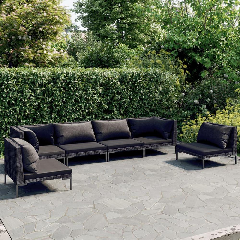vidaXL 6 Piece Patio Lounge Set with Cushions Poly Rattan Dark Gray, 3099822. Picture 1