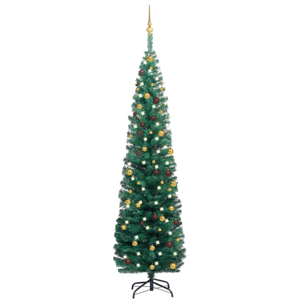 vidaXL Slim Artificial Christmas Tree with LEDs&Ball Set Green 82.7", 3077805. Picture 1