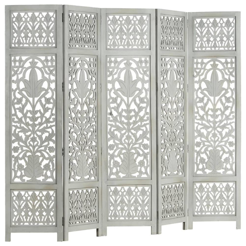 vidaXL Hand Carved 5-Panel Room Divider Gray 78.7"x65" Solid Mango Wood, 285333. Picture 1