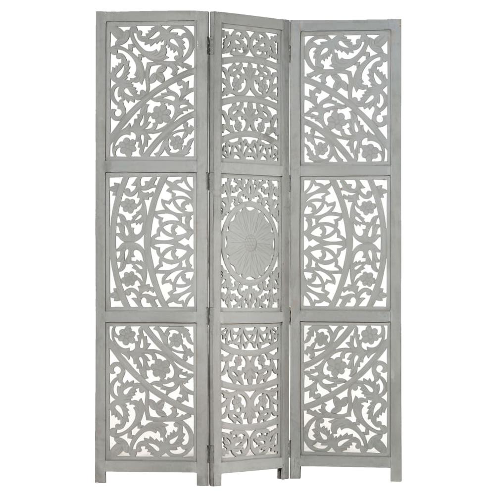 vidaXL Hand carved 3-Panel Room Divider Gray 47.2"x65" Solid Mango Wood, 285337. Picture 1