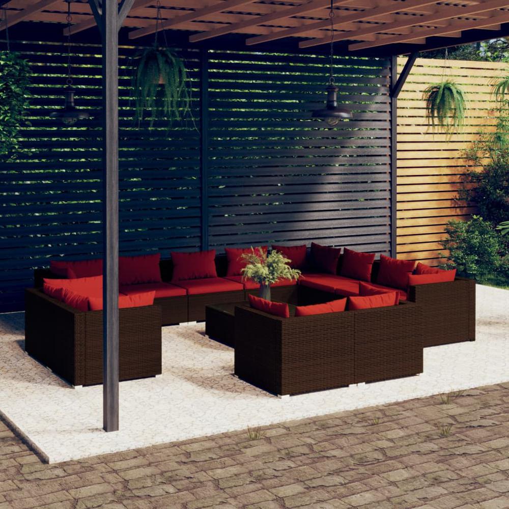vidaXL 13 Piece Patio Lounge Set with Cushions Brown Poly Rattan, 3102899. Picture 1