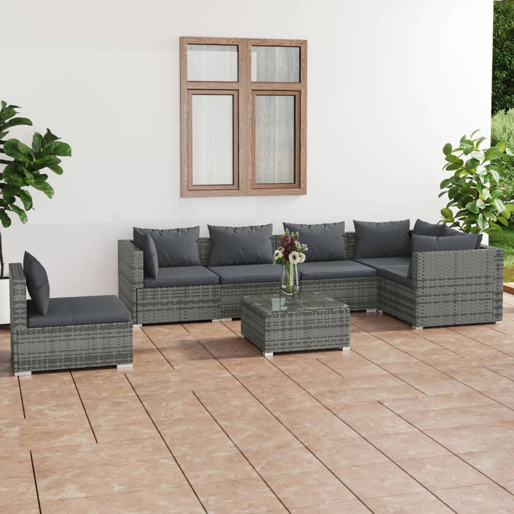 vidaXL 7 Piece Patio Lounge Set with Cushions Poly Rattan Gray, 3102333. Picture 1