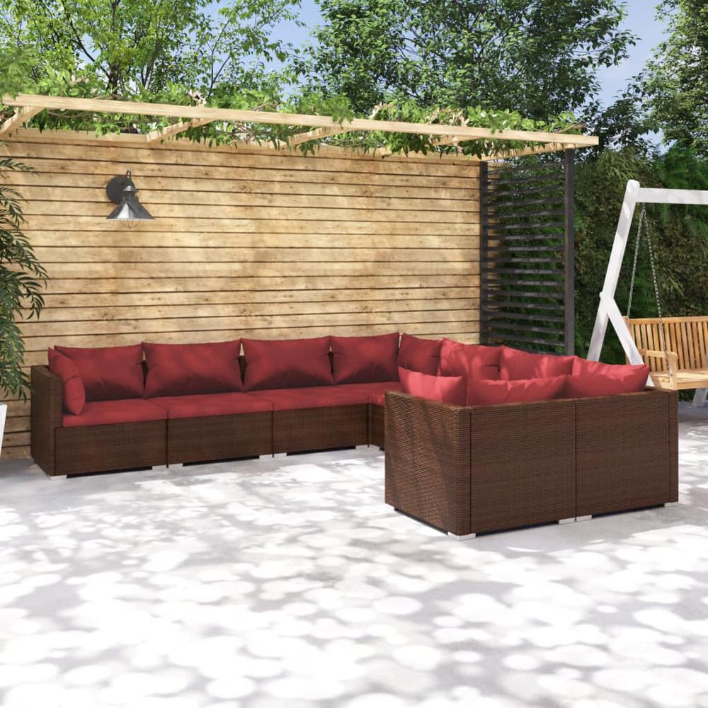 vidaXL 8 Piece Patio Lounge Set with Cushions Poly Rattan Brown, 3102755. Picture 1