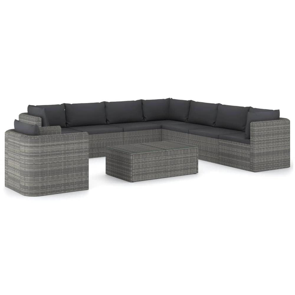 vidaXL 9 Piece Patio Lounge Set with Cushions Poly Rattan Gray, 3059488. Picture 2