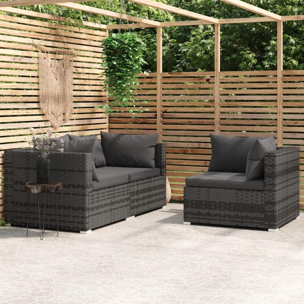 vidaXL 3 Piece Patio Lounge Set with Cushions Gray Poly Rattan. Picture 1