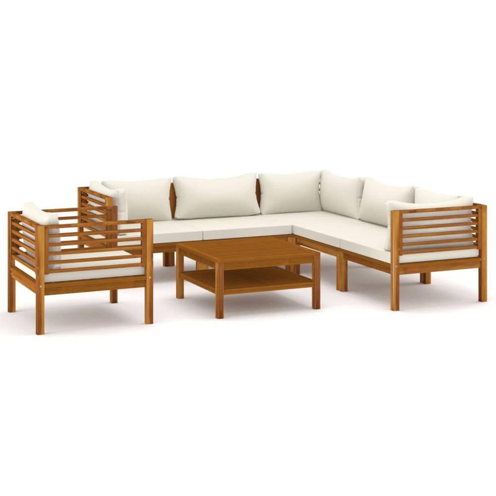vidaXL 7 Piece Patio Lounge Set with Cream Cushion Solid Acacia Wood, 3086938. Picture 2