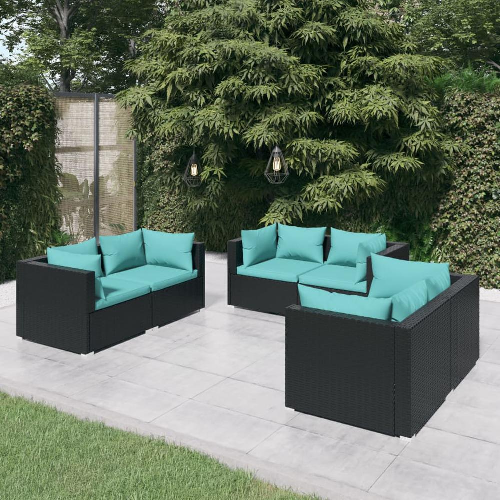 vidaXL 6 Piece Patio Lounge Set with Cushions Poly Rattan Black, 3102297. Picture 1