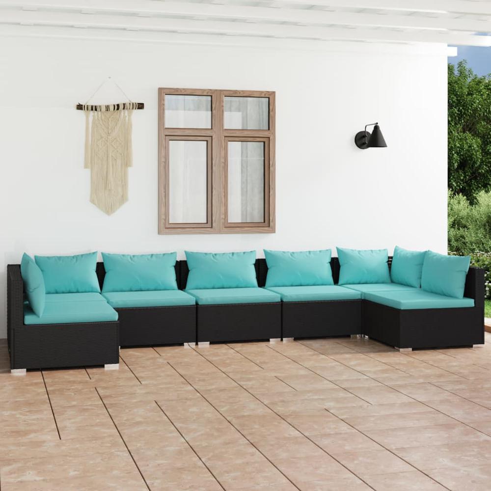 vidaXL 7 Piece Patio Lounge Set with Cushions Poly Rattan Black, 3101889. Picture 1