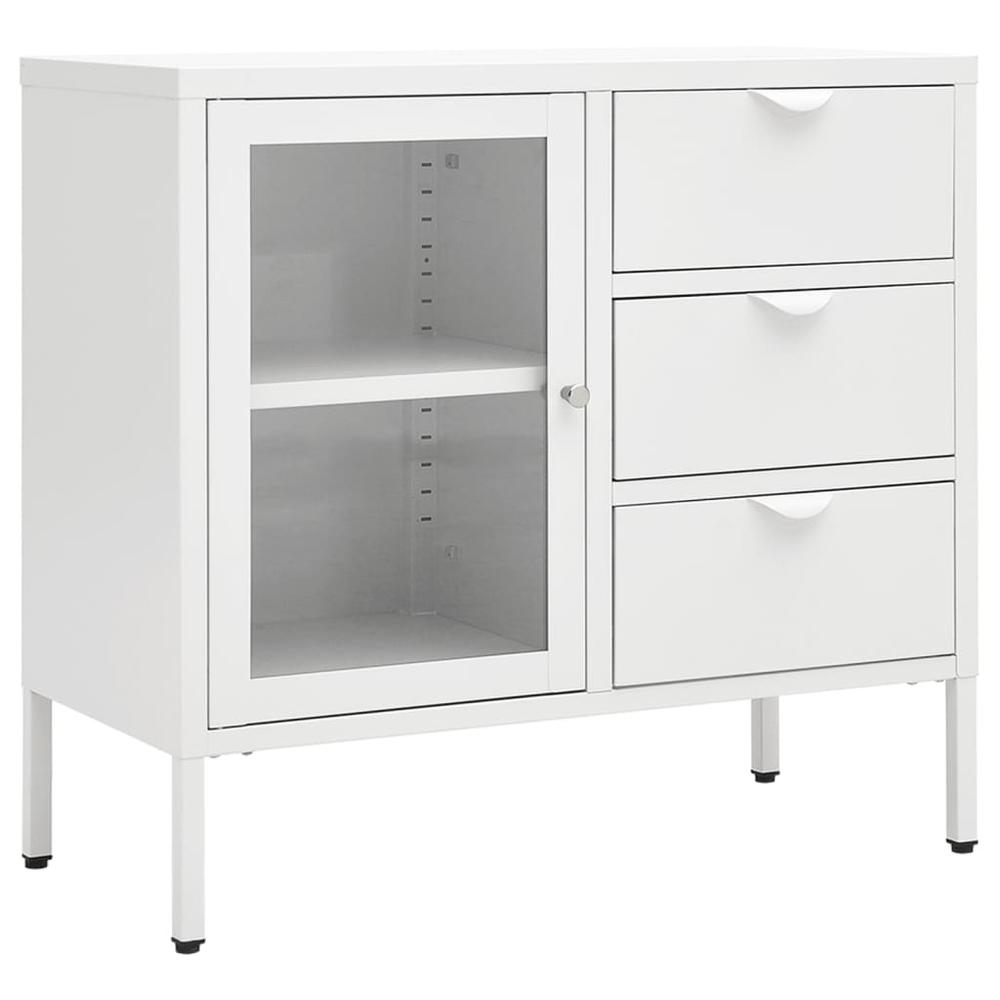 vidaXL Sideboard White 29.5"x13.8"x27.6" Steel and Tempered Glass. Picture 2
