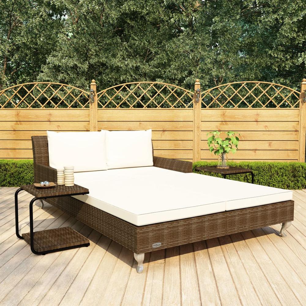 vidaXL 2-Person Garden Sun Bed with Cushions Poly Rattan Brown, 48130. Picture 1